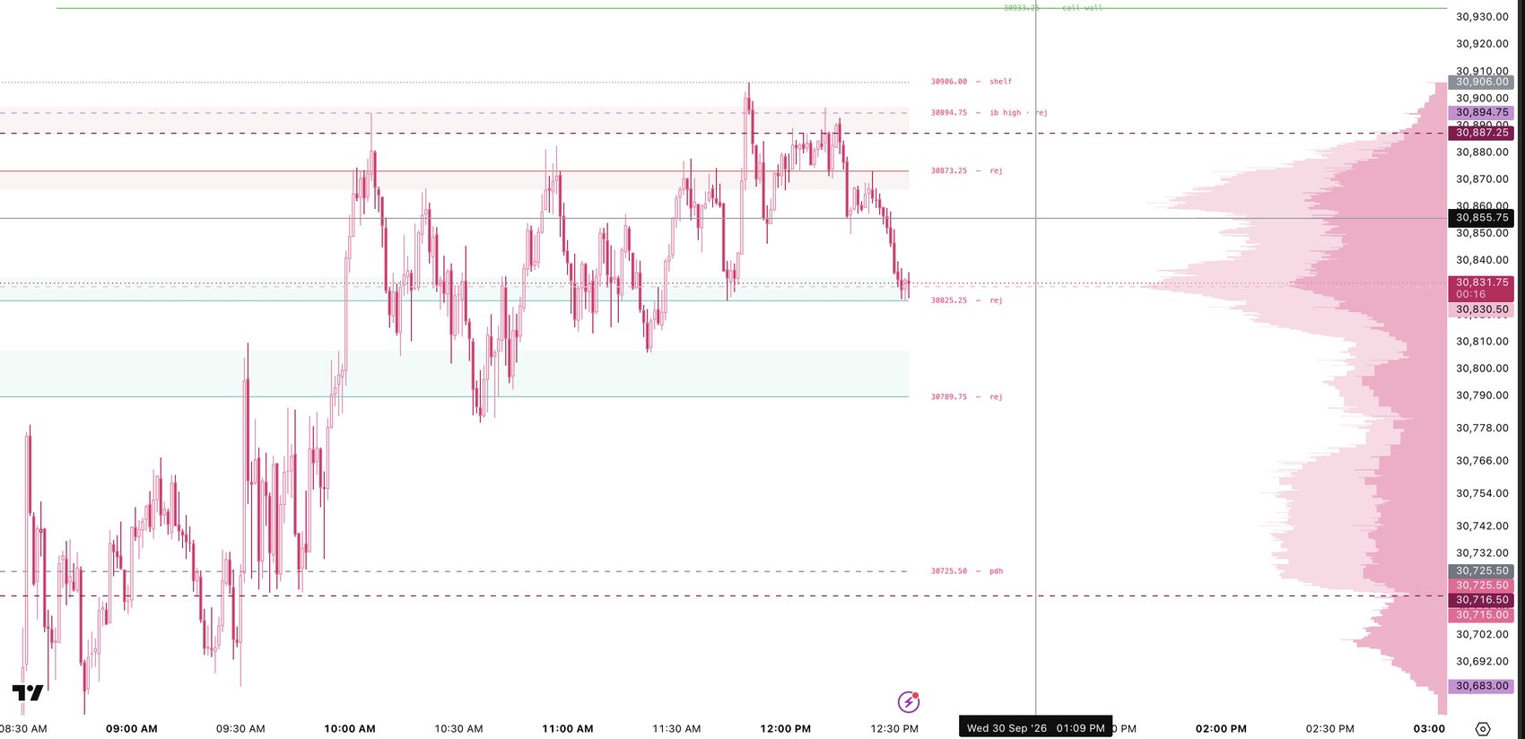 PLBK Profile levels on a 1-minute NQ chart